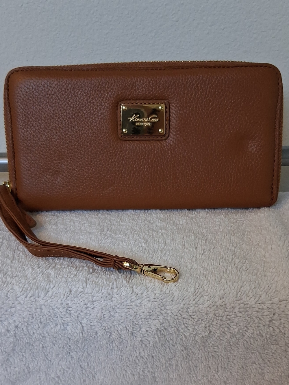 Kenneth Cole Cognac Brown Pebbled Leather Wristlet with Gold Plate
